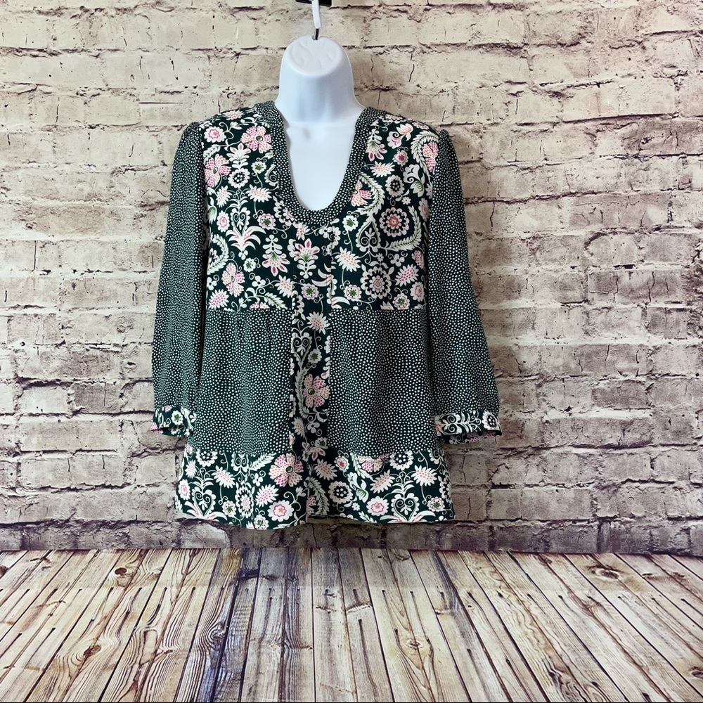 Boden Green Pink Floral Dot 3/4 Sleeve Top